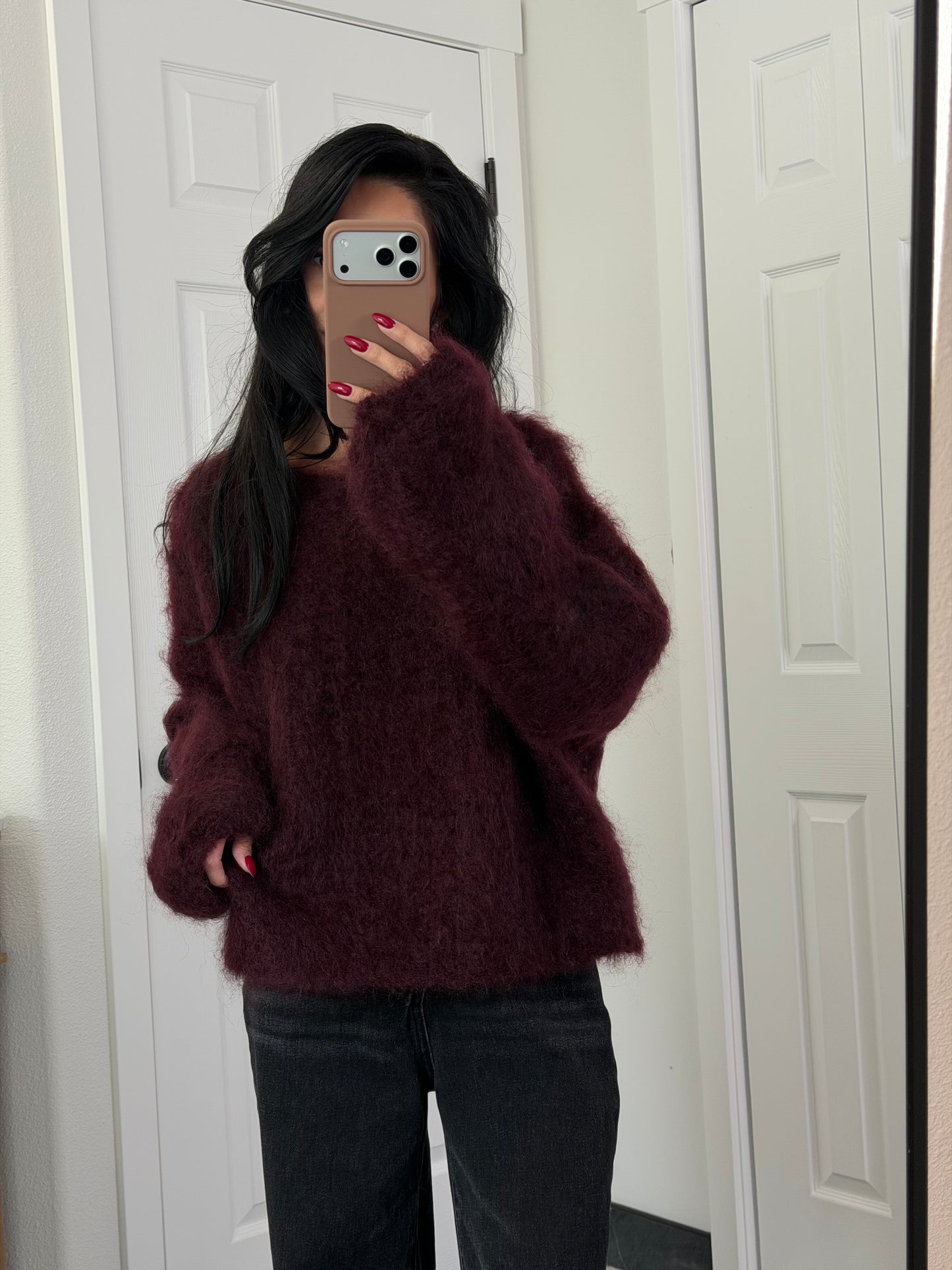 burgundy fluffy sweater