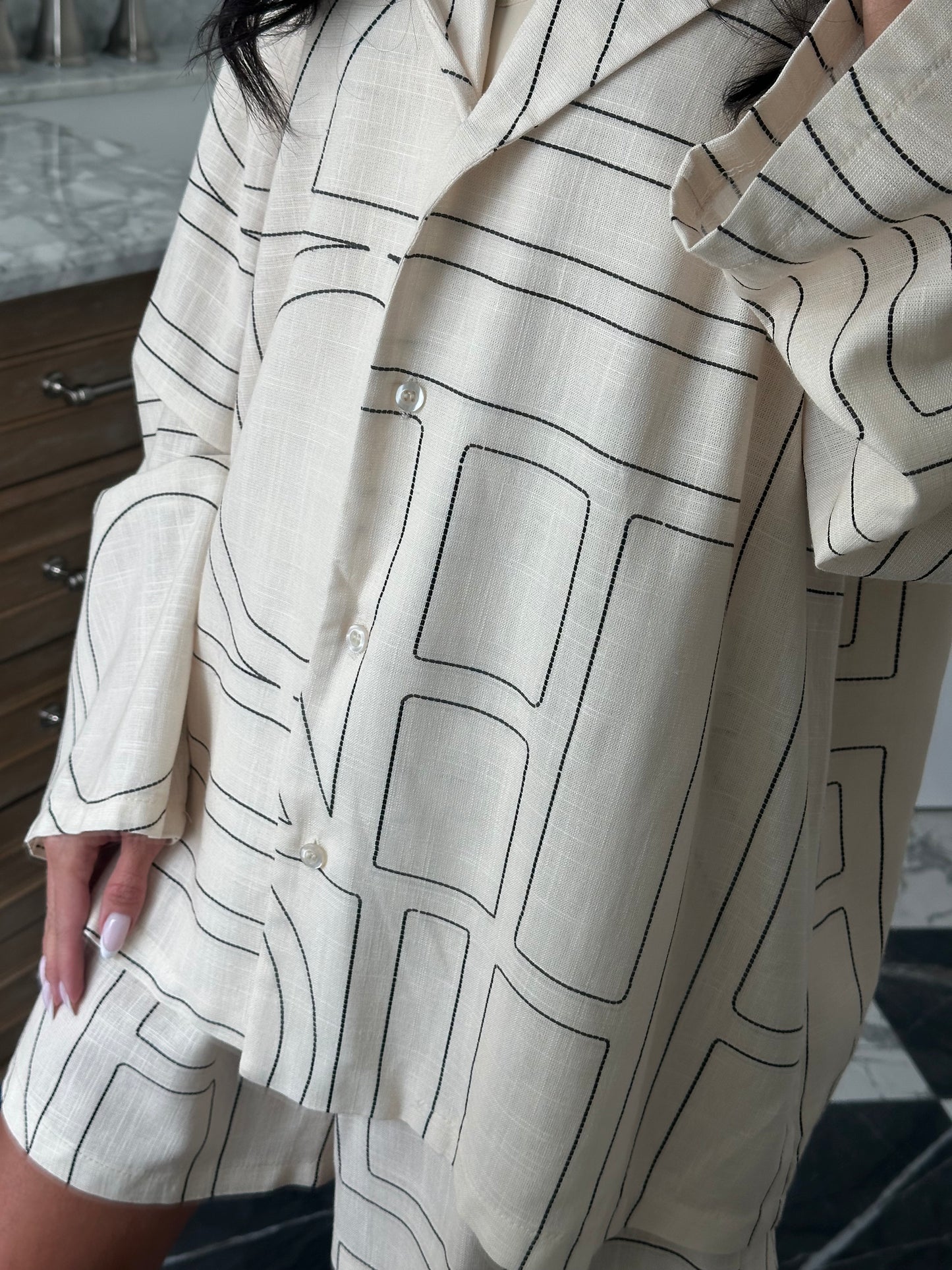 Cream linen blend Shorts Set