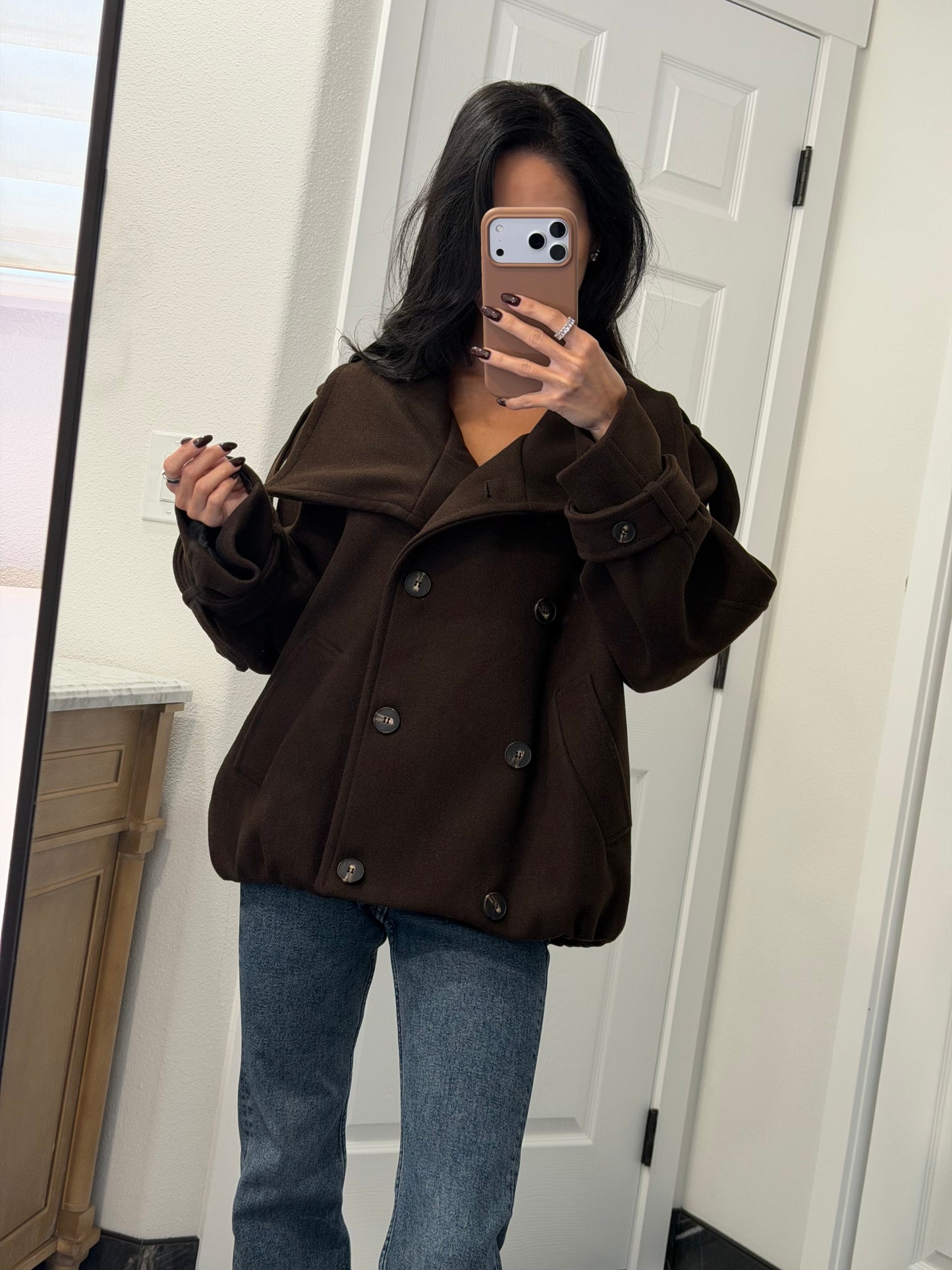 Brown double-position collar coat