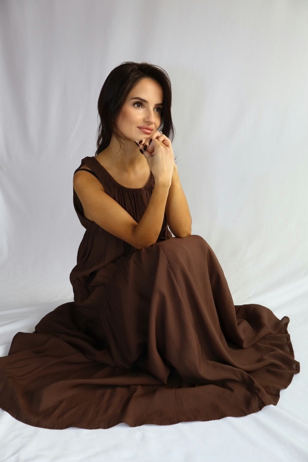 knee length dresses for ladies Grade & Gather Printed Ruffle Midi Dress, Chocolate – Evie Lou main image 0