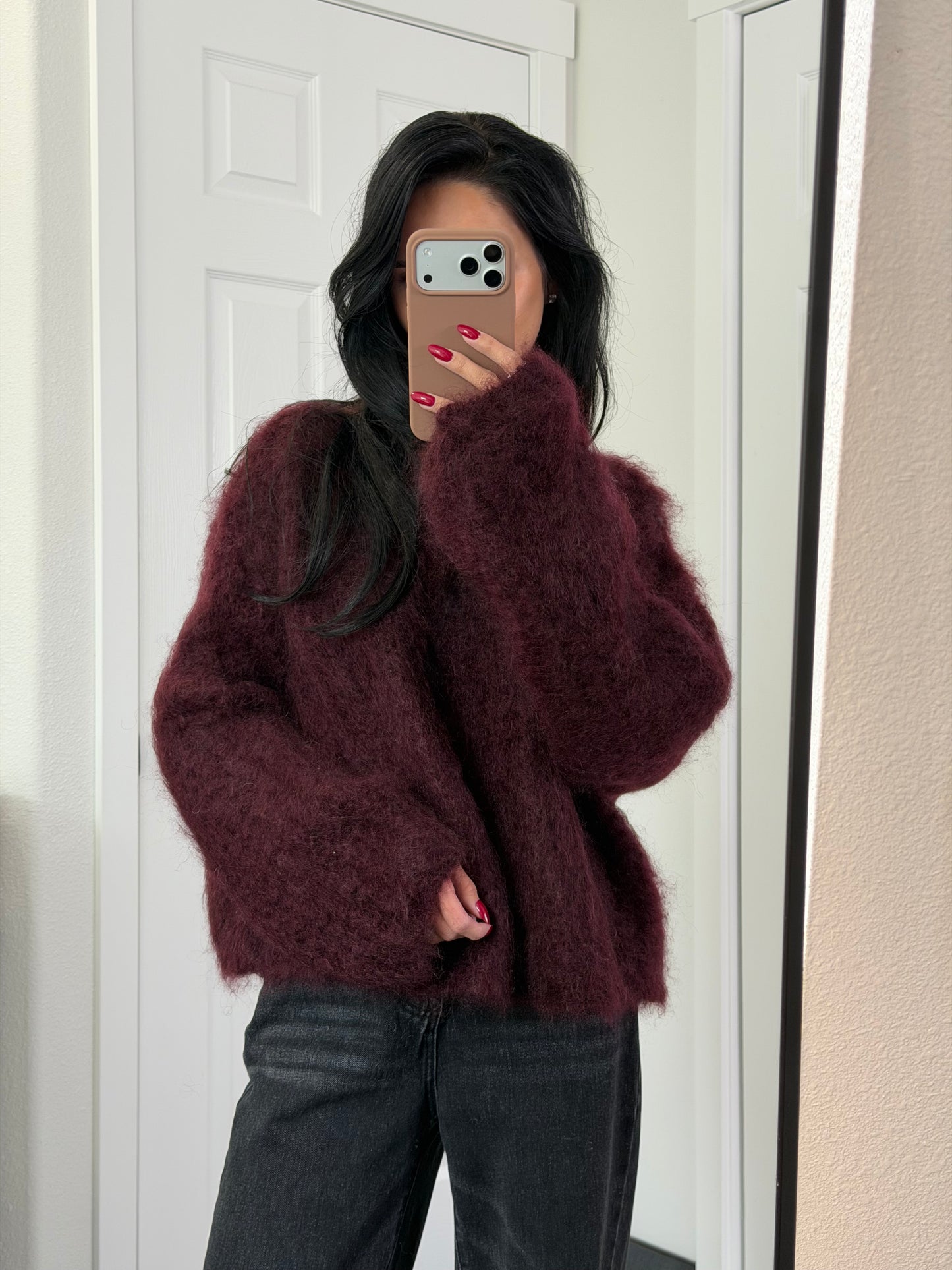burgundy fluffy sweater