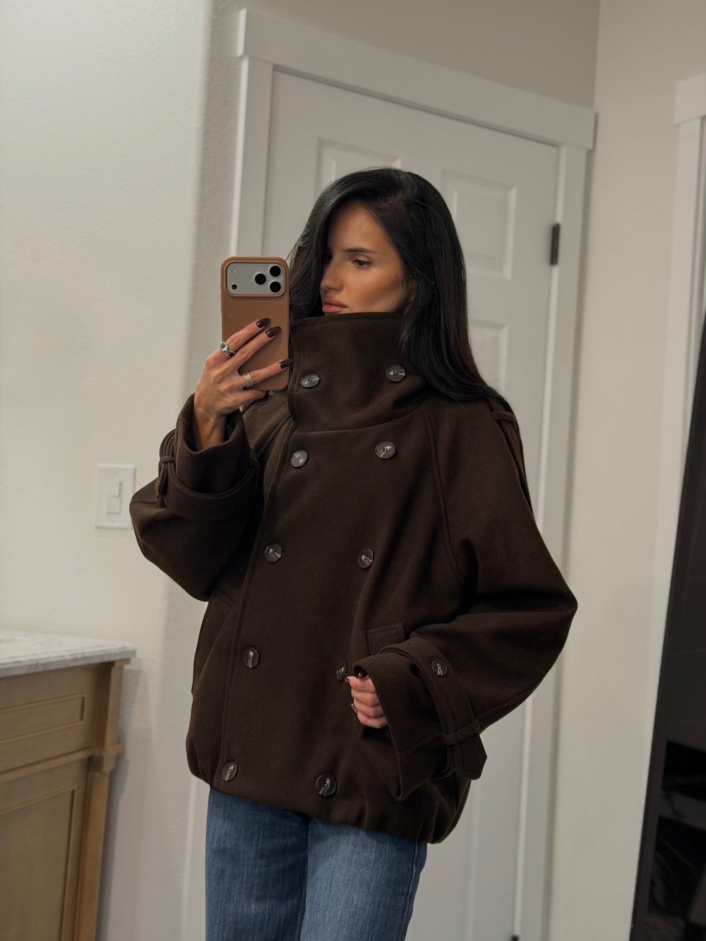 Brown double-position collar coat