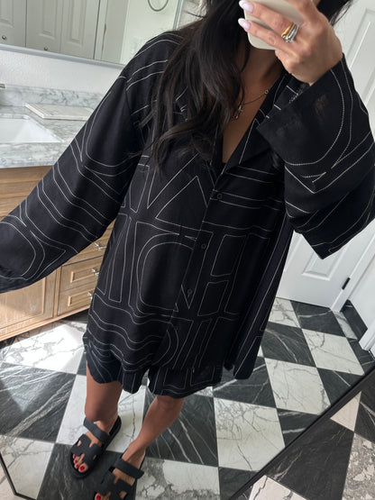 Black linen blend Shorts Set